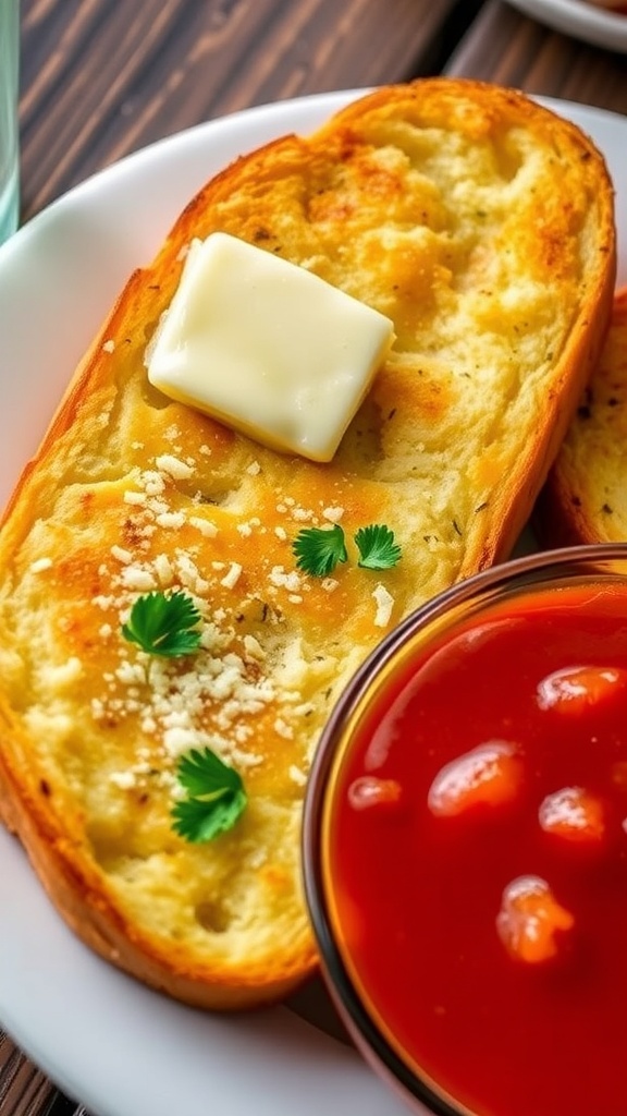 Quick Garlic Bread Recipe Golden garlic bread slices garnished with parsley and Parmesan cheese on a rustic table.